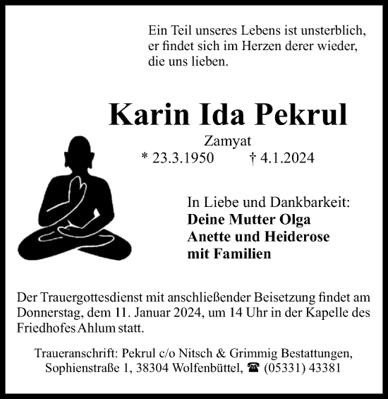 Traueranzeige von Karin Ida Pekrul von Wolfenbütteler Zeitung