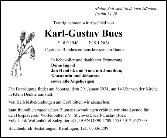 Traueranzeige von Karl-Gustav Bues von Braunschweiger Zeitung