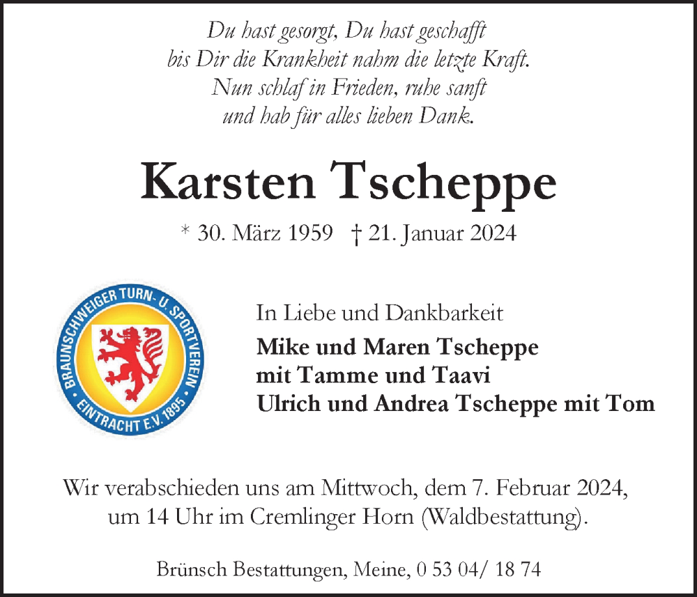  Traueranzeige für Karsten Tscheppe vom 27.01.2024 aus Wolfsburger Nachrichten, Helmstedter Nachrichten