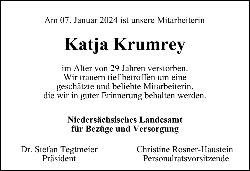  Traueranzeige für Katja Krumrey vom 17.01.2024 aus Braunschweiger Zeitung