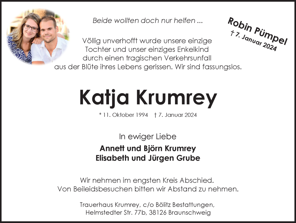  Traueranzeige für Katja Krumrey vom 13.01.2024 aus Braunschweiger Zeitung