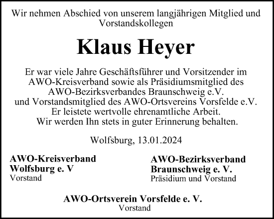 Traueranzeige von Klaus Heyer von Wolfsburger Nachrichten