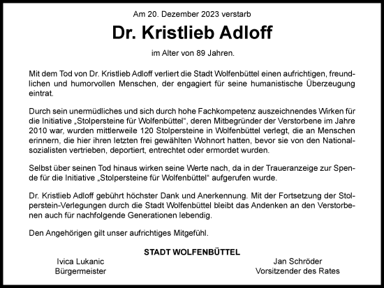 Traueranzeige von Kristlieb Adloff von Wolfenbütteler Zeitung