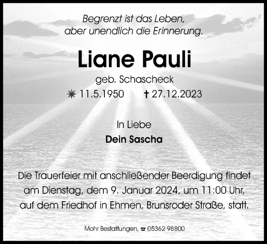 Traueranzeige von Liane Pauli von Wolfsburger Nachrichten