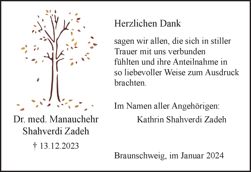  Traueranzeige für Manauchehr Shahverdi Zadeh vom 13.01.2024 aus Braunschweiger Zeitung