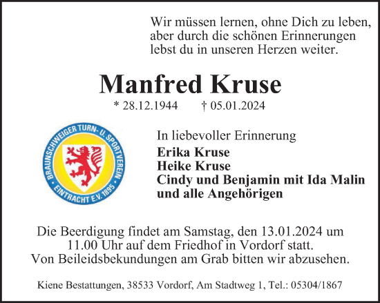 Traueranzeige von Manfred Kruse von Braunschweiger Zeitung