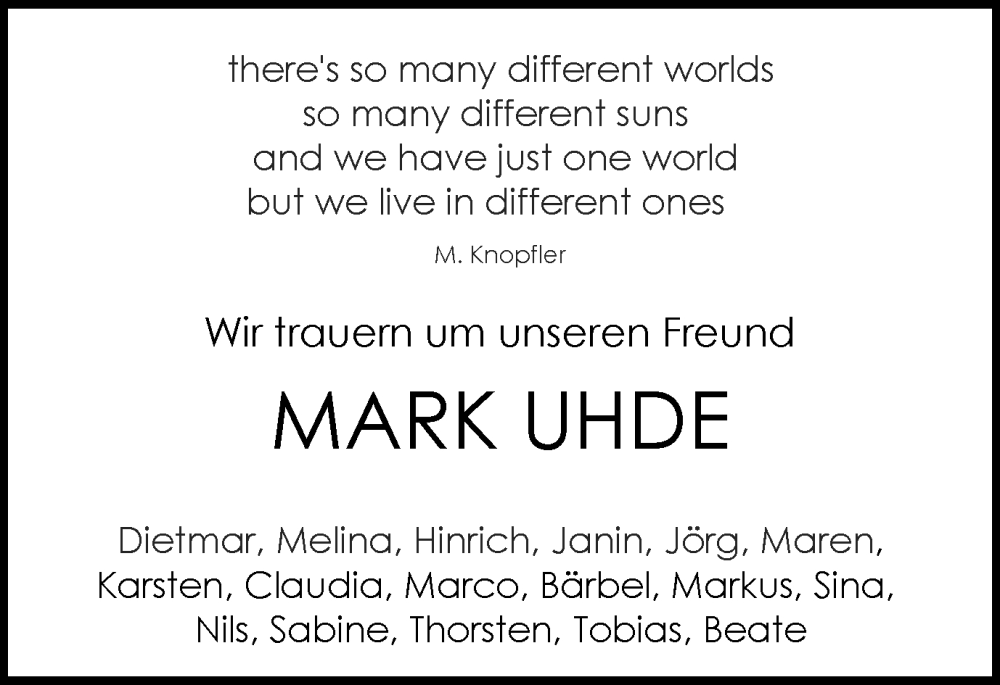  Traueranzeige für Mark Uhde vom 23.01.2024 aus Braunschweiger Zeitung