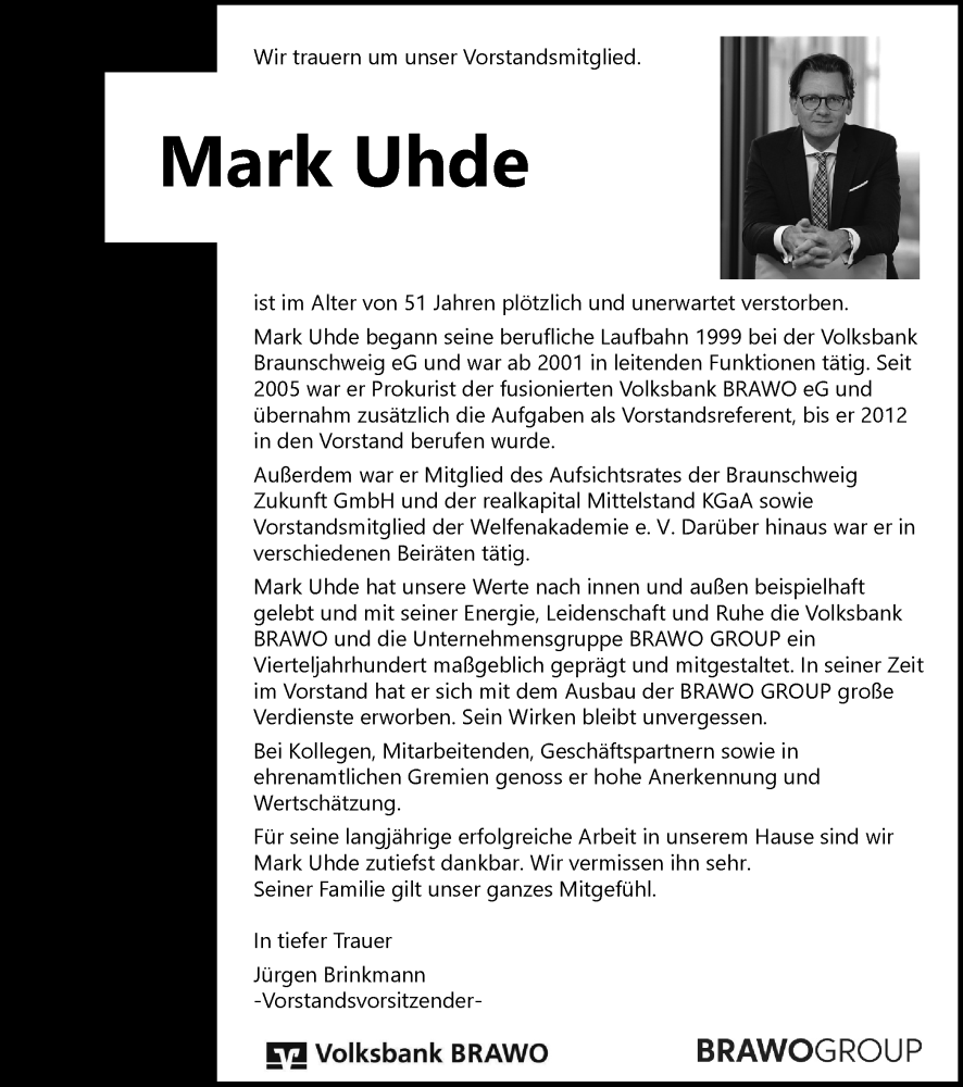  Traueranzeige für Mark Uhde vom 23.01.2024 aus Braunschweiger Zeitung