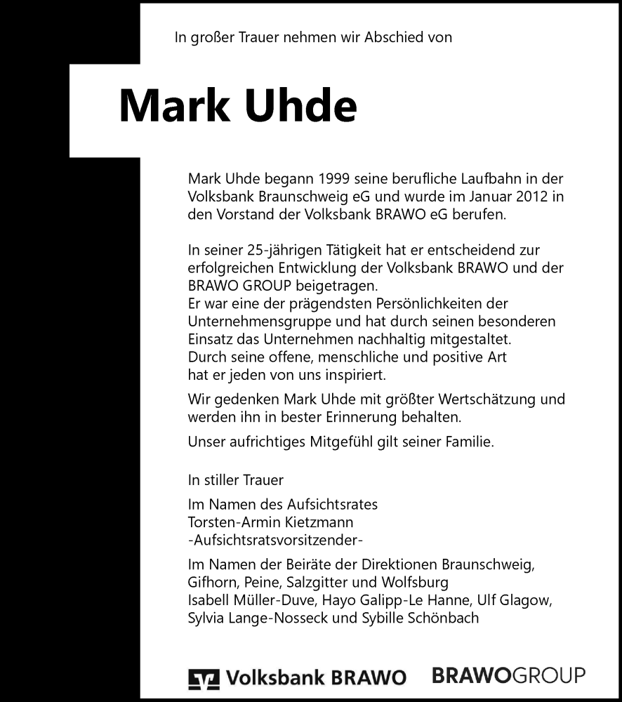  Traueranzeige für Mark Uhde vom 23.01.2024 aus Braunschweiger Zeitung