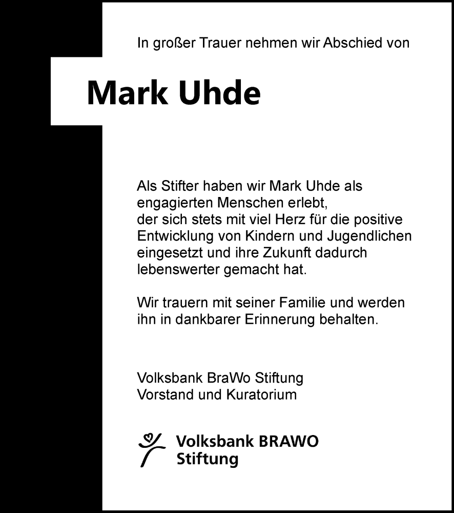  Traueranzeige für Mark Uhde vom 23.01.2024 aus Braunschweiger Zeitung