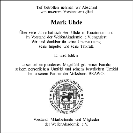 Traueranzeige von Mark Uhde von Braunschweiger Zeitung