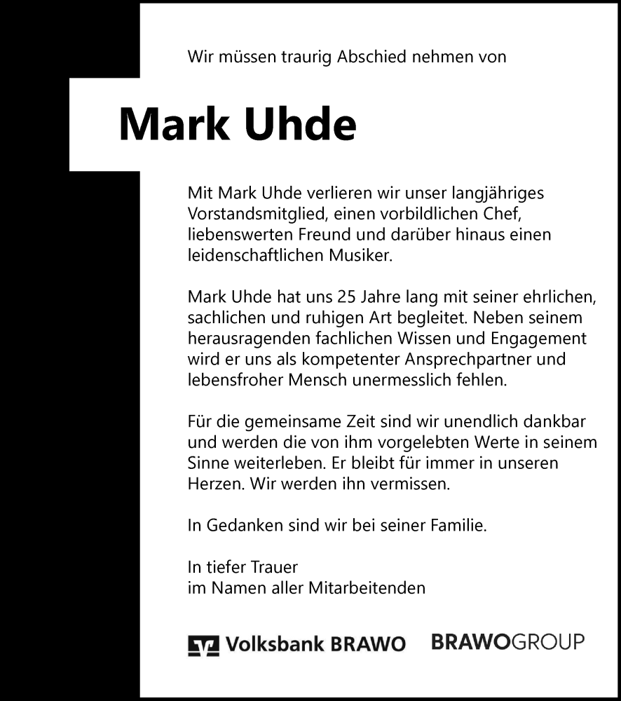  Traueranzeige für Mark Uhde vom 23.01.2024 aus Braunschweiger Zeitung