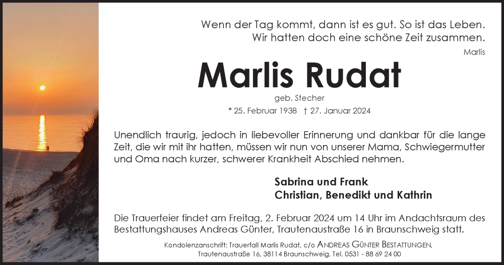  Traueranzeige für Marlis Rudat vom 31.01.2024 aus Braunschweiger Zeitung