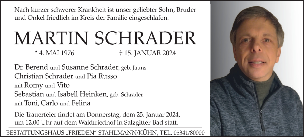  Traueranzeige für Martin Schrader vom 20.01.2024 aus Salzgitter-Zeitung