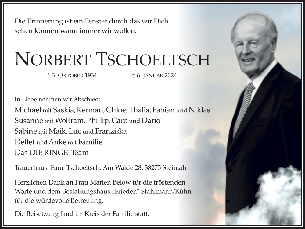  Traueranzeige für Norbert Tschoeltsch vom 20.01.2024 aus Salzgitter-Zeitung