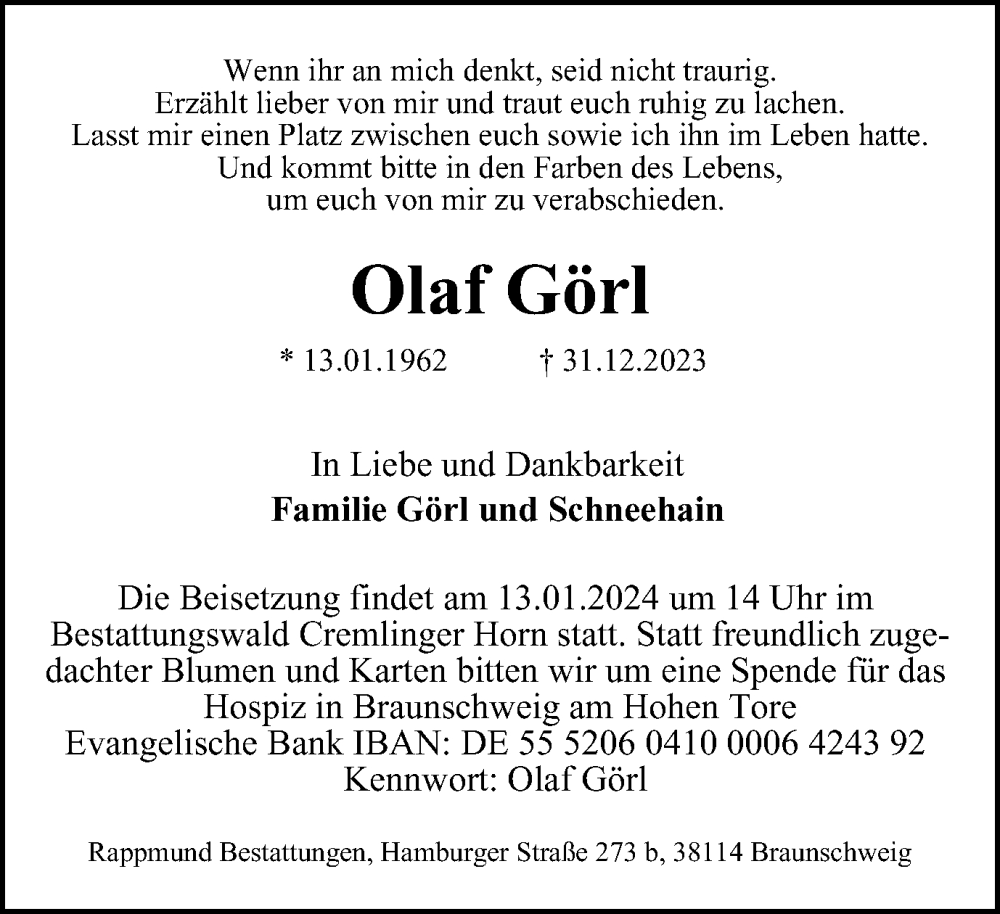  Traueranzeige für Olaf Görl vom 06.01.2024 aus Braunschweiger Zeitung