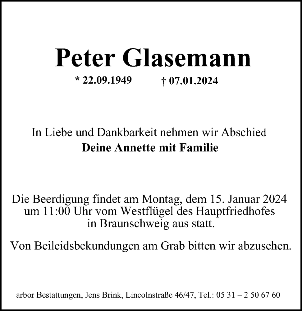  Traueranzeige für Peter Glasemann vom 13.01.2024 aus Braunschweiger Zeitung