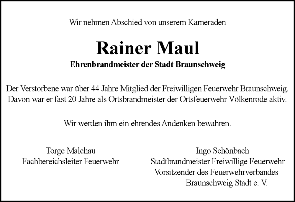  Traueranzeige für Rainer Maul vom 13.01.2024 aus Braunschweiger Zeitung