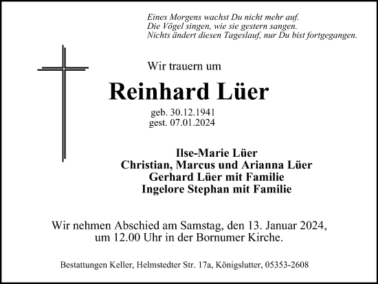 Traueranzeige von Reinhard Lüer von Helmstedter Nachrichten