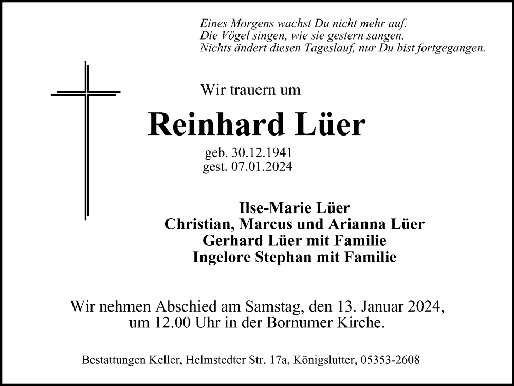  Traueranzeige für Reinhard Lüer vom 11.01.2024 aus Helmstedter Nachrichten