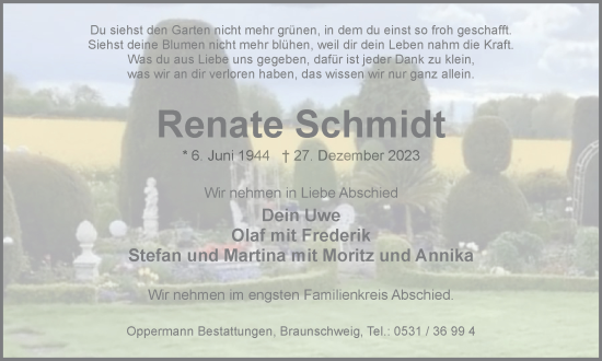 Traueranzeige von Renate Schmidt von Braunschweiger Zeitung
