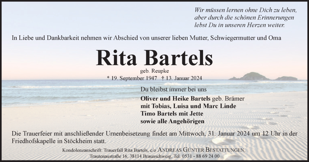  Traueranzeige für Rita Bartels vom 20.01.2024 aus Braunschweiger Zeitung