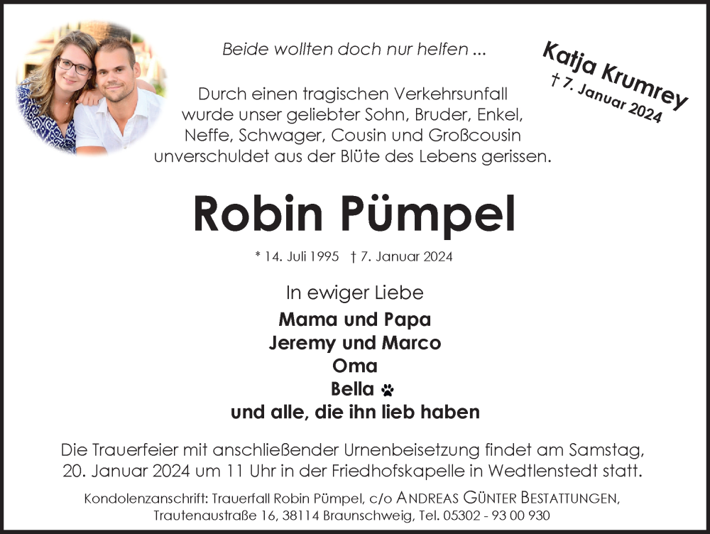  Traueranzeige für Robin Pümpel vom 13.01.2024 aus Braunschweiger Zeitung