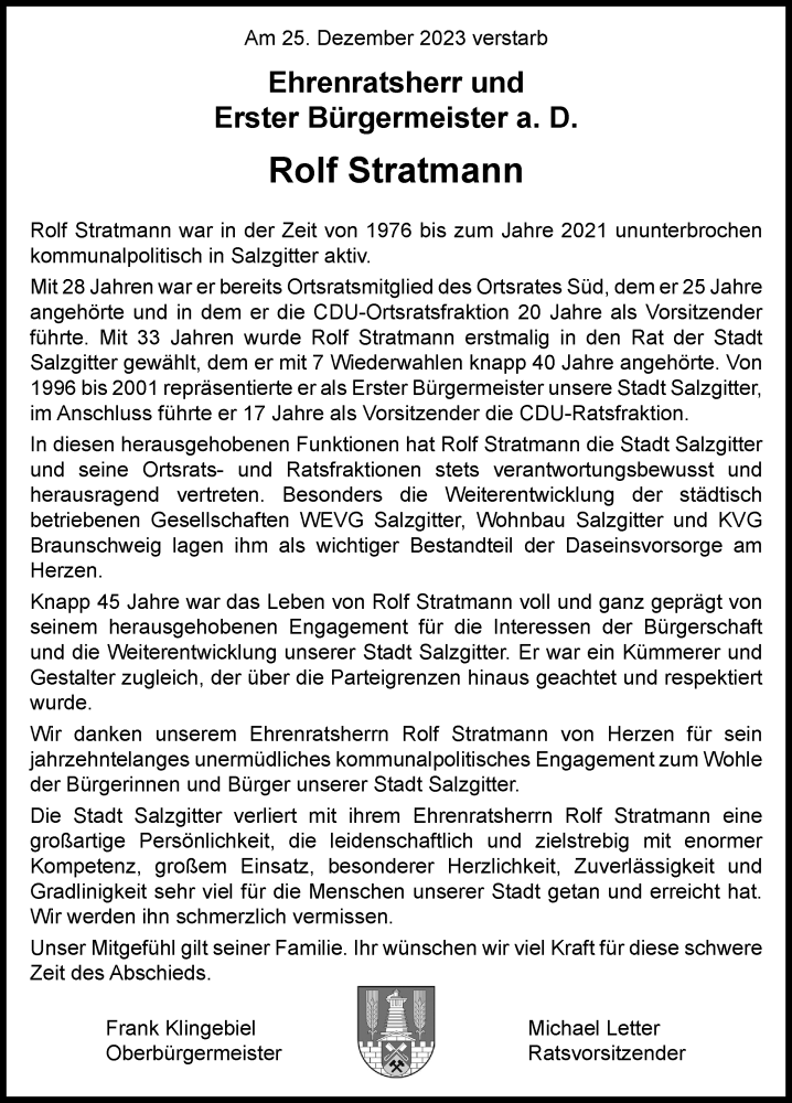  Traueranzeige für Rolf Stratmann vom 06.01.2024 aus Salzgitter-Zeitung