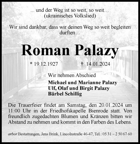 Traueranzeige von Roman Palazy von Braunschweiger Zeitung