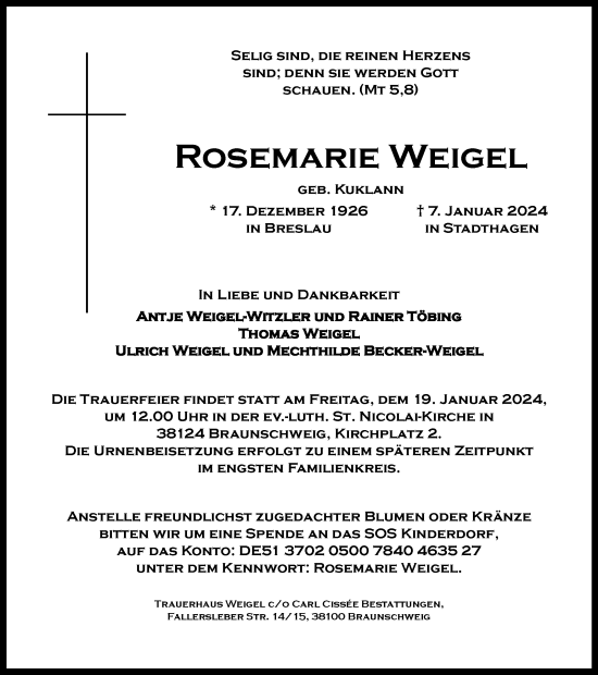 Traueranzeige von Rosemarie Weigel von Braunschweiger Zeitung