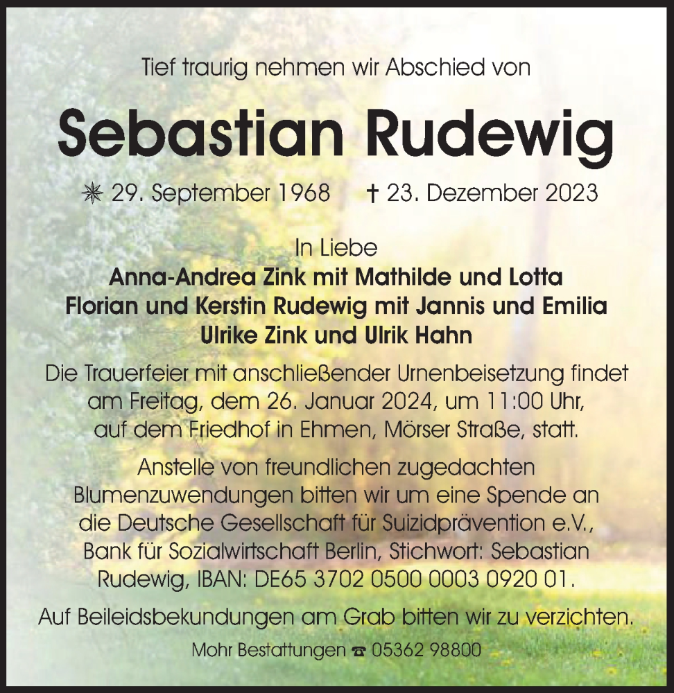  Traueranzeige für Sebastian Rudewig vom 06.01.2024 aus Wolfsburger Nachrichten