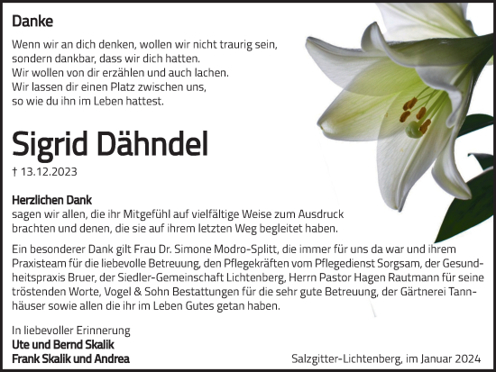 Traueranzeige von Sigrid Dähndel von Salzgitter-Zeitung