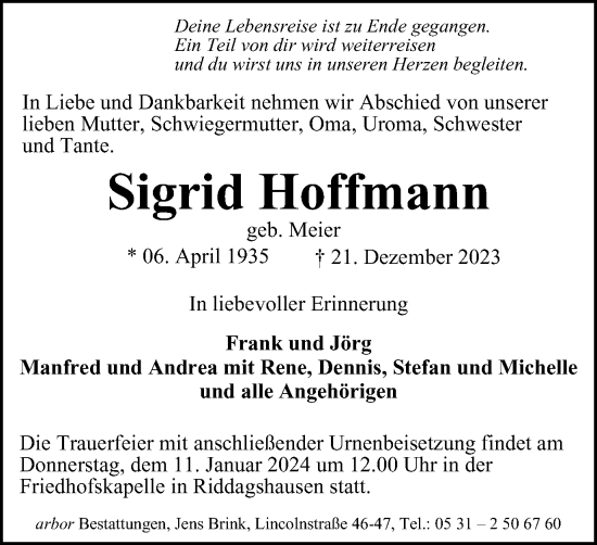 Traueranzeige von Sigrid Hoffmann von Braunschweiger Zeitung