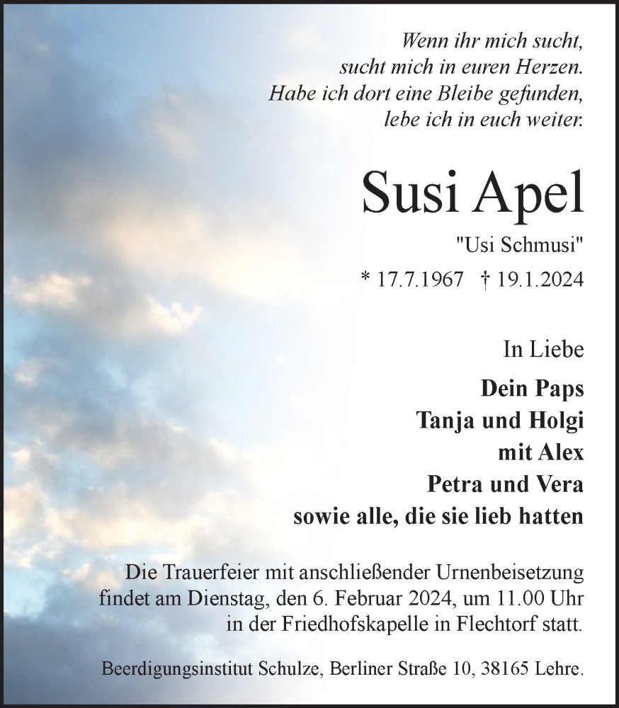  Traueranzeige für Susi Apel vom 27.01.2024 aus Wolfsburger Nachrichten