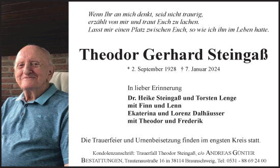 Traueranzeige von Theodor Gerhard Steingaß von Braunschweiger Zeitung