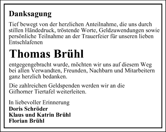 Traueranzeige von Thomas Brühl von Braunschweiger Zeitung