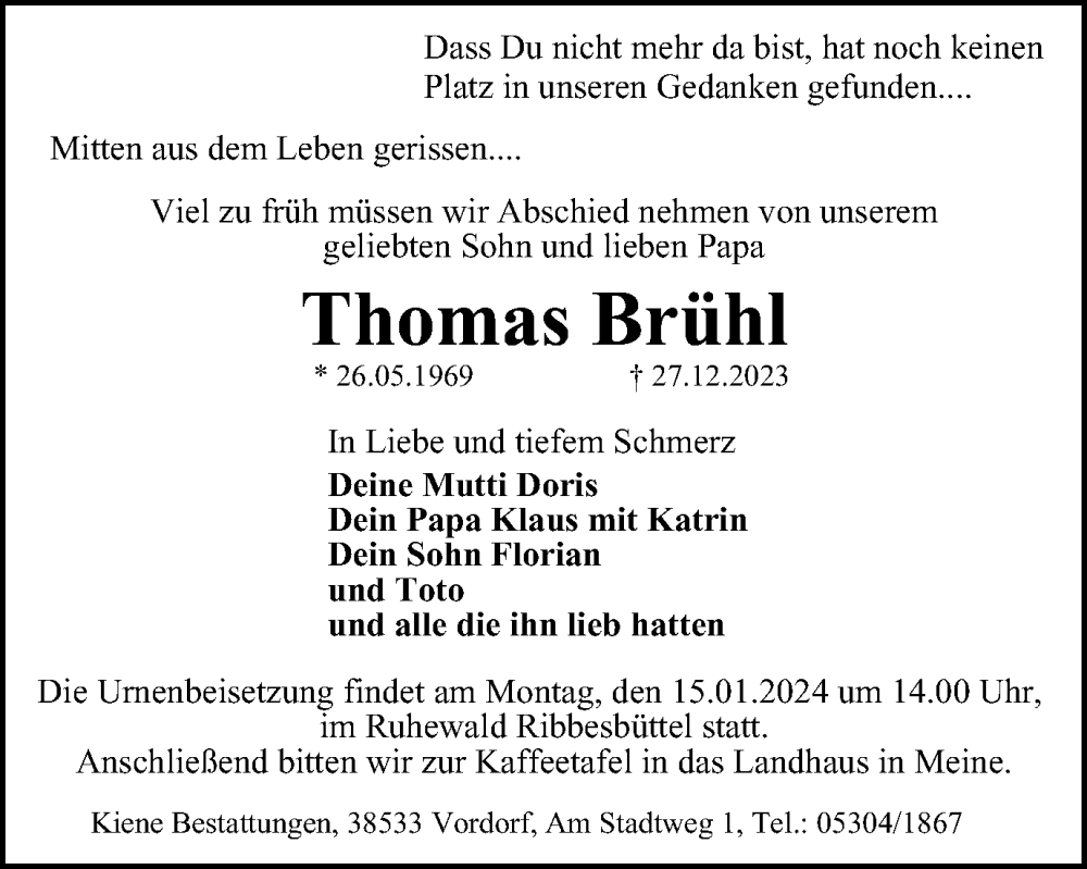  Traueranzeige für Thomas Brühl vom 11.01.2024 aus Braunschweiger Zeitung