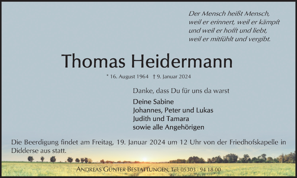  Traueranzeige für Thomas Heidermann vom 13.01.2024 aus Braunschweiger Zeitung