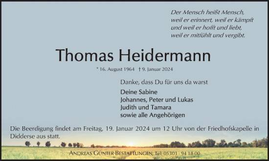Traueranzeige von Thomas Heidermann von Braunschweiger Zeitung