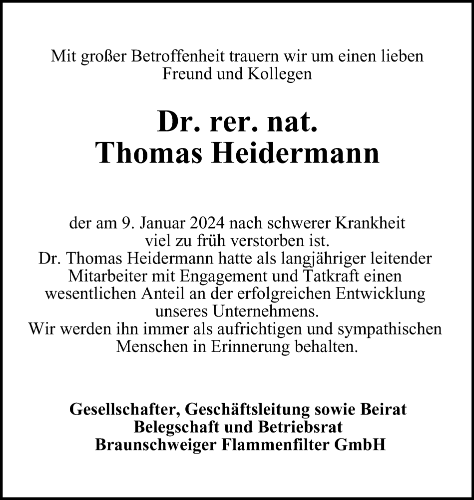  Traueranzeige für Thomas Heidermann vom 13.01.2024 aus Braunschweiger Zeitung