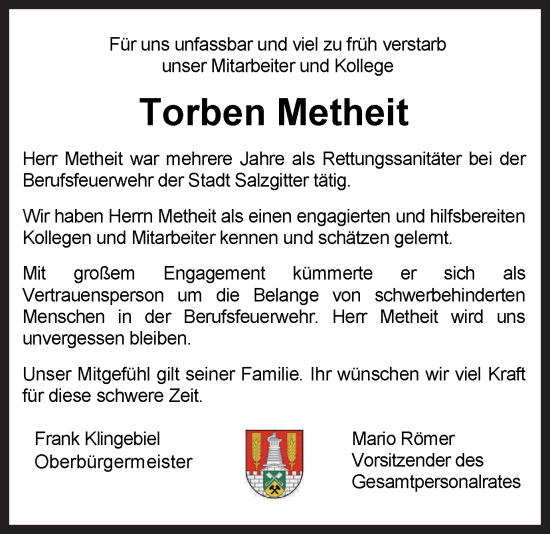 Traueranzeige von Torben Metheit von Salzgitter-Zeitung