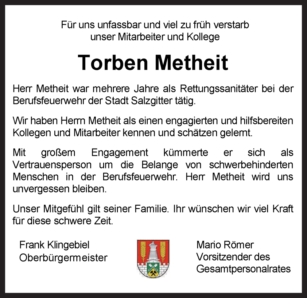 Traueranzeige für Torben Metheit vom 27.01.2024 aus Salzgitter-Zeitung