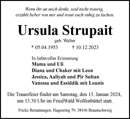 Traueranzeige von Ursula Strupait von Braunschweiger Zeitung