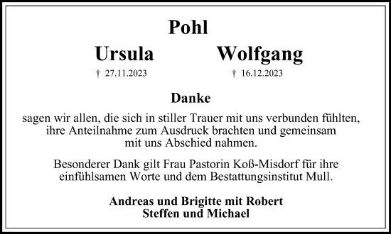 Traueranzeige von Ursula und Wolfgang Pohl von Wolfenbütteler Zeitung