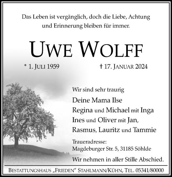 Traueranzeige von Uwe Wolff von Salzgitter-Zeitung