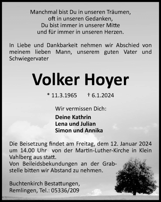 Traueranzeige von Volker Hoyer von Wolfenbütteler Zeitung