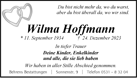 Traueranzeige von Wilma Hoffmann von Braunschweiger Zeitung