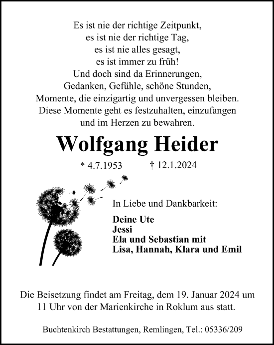 Traueranzeige von Wolfgang Heider von Wolfenbütteler Zeitung