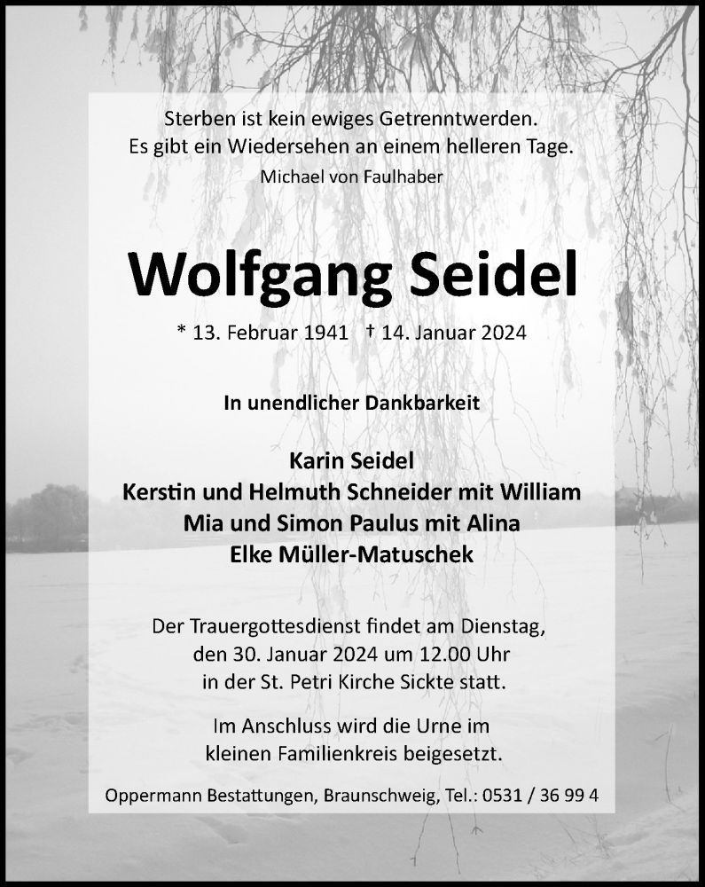 Traueranzeigen von Wolfgang Seidel trauer38.de
