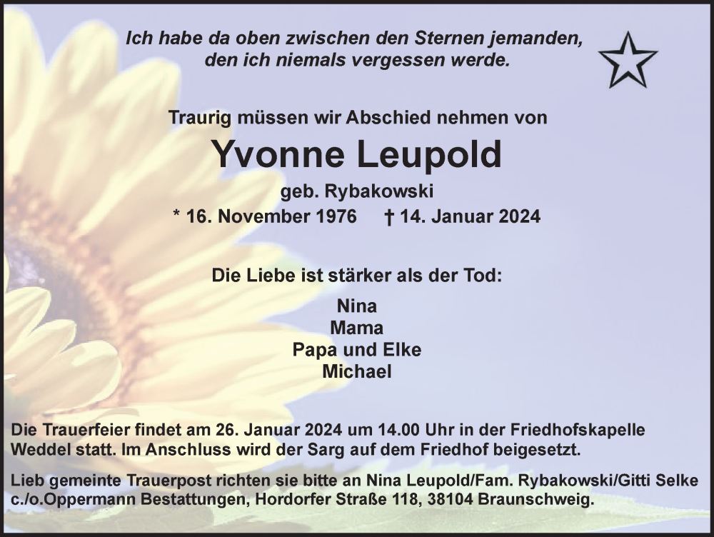  Traueranzeige für Yvonne Leupold vom 20.01.2024 aus Braunschweiger Zeitung